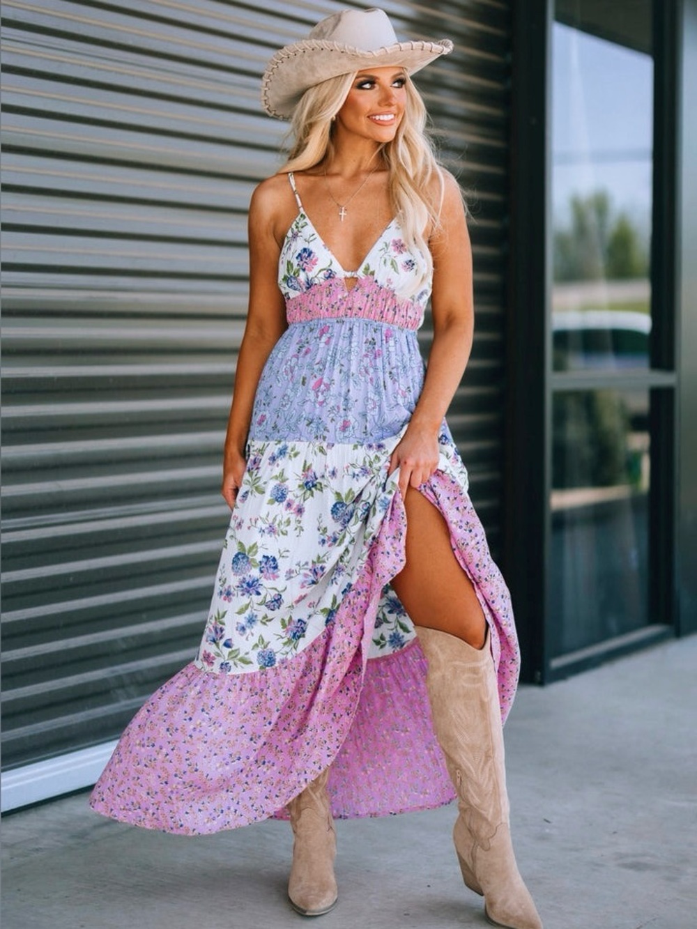 Floral Tiered Boho Festival Maxi Dress in White, Blue & Pink